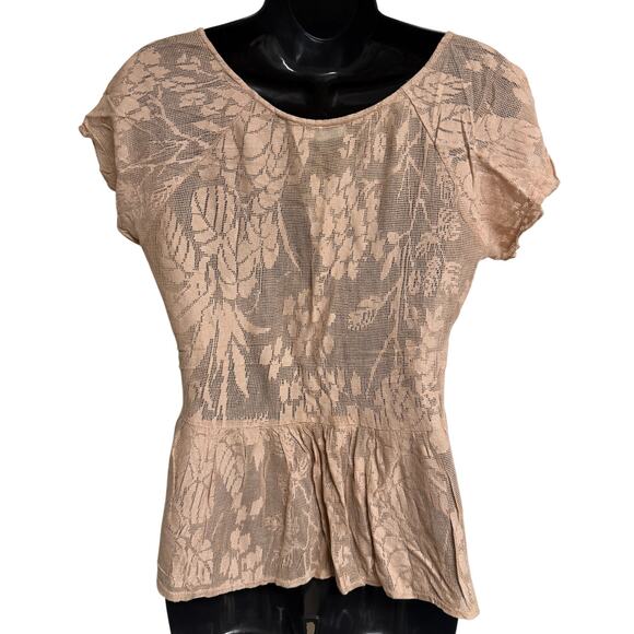 Kimchi Anthropologie Women Babydoll Top Blouse Medium M Tan Lace Bead Sccop New - Picture 5 of 8